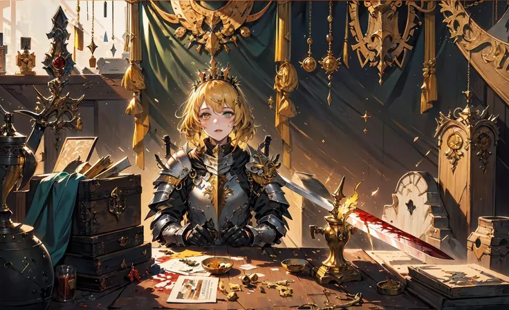 (masterpiece:1.2, best quality:1.1),8K,intricate details,HD,best illustration,wall-paper,intricate details,8K Hd wallpaper:1.6
1girl,12yo,Golden pupil,((Golden eye)),Golden iris,shine:1.6
Swords and shields, griffins, wings, banners, streamers, emeralds, crowns,The sheen, the detail, the sparks, the ink, the castle, the fire, the sunset,Crusader armor
Metallics, streamers, blood on his face,Chest exposed, broken armor,industrial, dieselpunk, Carved armor:1.4, scratches:1.2, battle damage, wounds
 <lora:animeTarotCardArtStyleLora_v31:0.6>