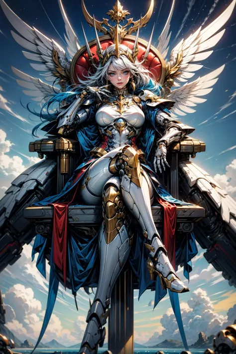 (masterpiece:1.1), (best quality:1.1), (detailed:1.0), (vibrant colors:1.2), BREAK,
(solo:1.2), (1girl:1.0), (sitting on a throne floating among the clouds:1.1), (crossed legs:1.0), (cute:1.0), (mechanical parts:1.1), (cyborg:1.0), <lora:AMechaSSS:1.0> BREAK,
(science fiction:1.0), (blue sky:1.1), BREAK,