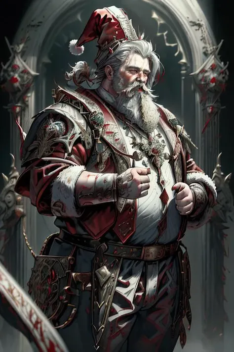 (masterpiece, absurdres, best quality, highly detailed:1.2), 1boy, santa claus, white beard, chubby, plump, fat, steampunk, red and white clothes, red hat, armor, leather, wool, fantasy, dynamic pose <lora:VampiricTech:0.8> vamptech, blood, vampiric