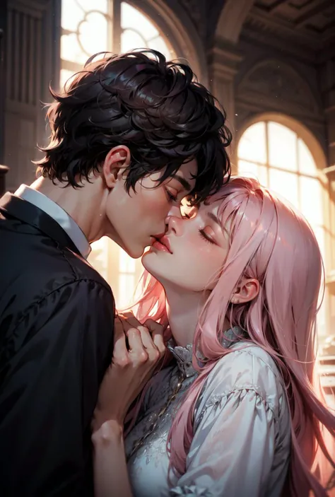 best quality, 1girl, 1boy ,kiss, dark hair, light pink hair, closed eyes