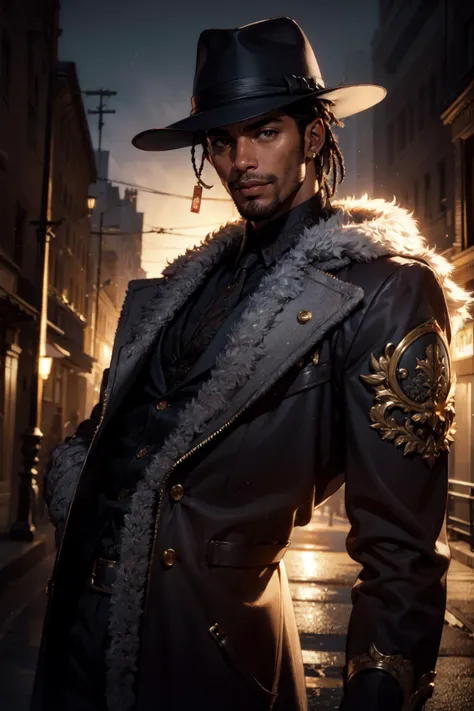 (masterpiece) (best quality) (ultra-detailed), 1man, solo, male focus, african male, black male, haitian man, west afrian male, manly, lanky, lean, dark skin, modern fedora, winter coat, white button up shirt, urban, brown eyes, smile, sly, pimp, (extremely detailed, realistic, intricate details, highres), 3d, cg, dark theme, dark lighting