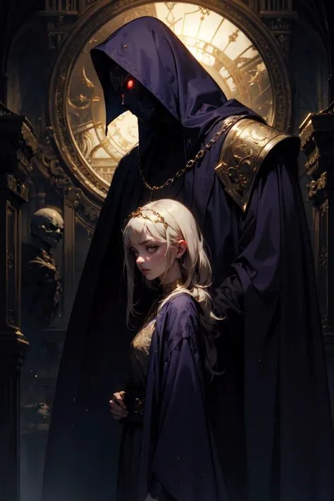 best quality, masterpiece, illustration, an extremely delicate and beautiful, man in purple robes with hood covering face next to a women, glowing eyes,gold neck chains, ominous, occult, from side, symbols, dark theme