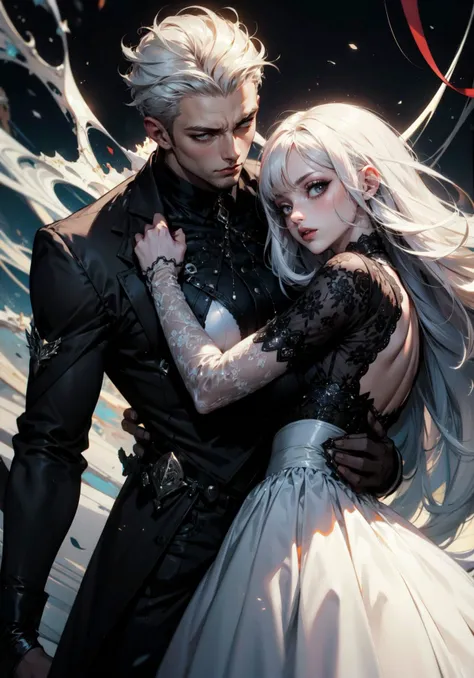 1girl, 1boy, hug, white hair, goth, black clothes, chaotic, floating hair