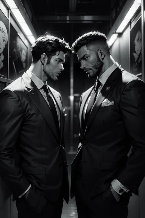 (masterpiece) (best quality) (ultra-detailed), monochrome, black and white, greyscale, 2boys, manly, burly, side by side, 1black, 1white male, business suits, neo-noir