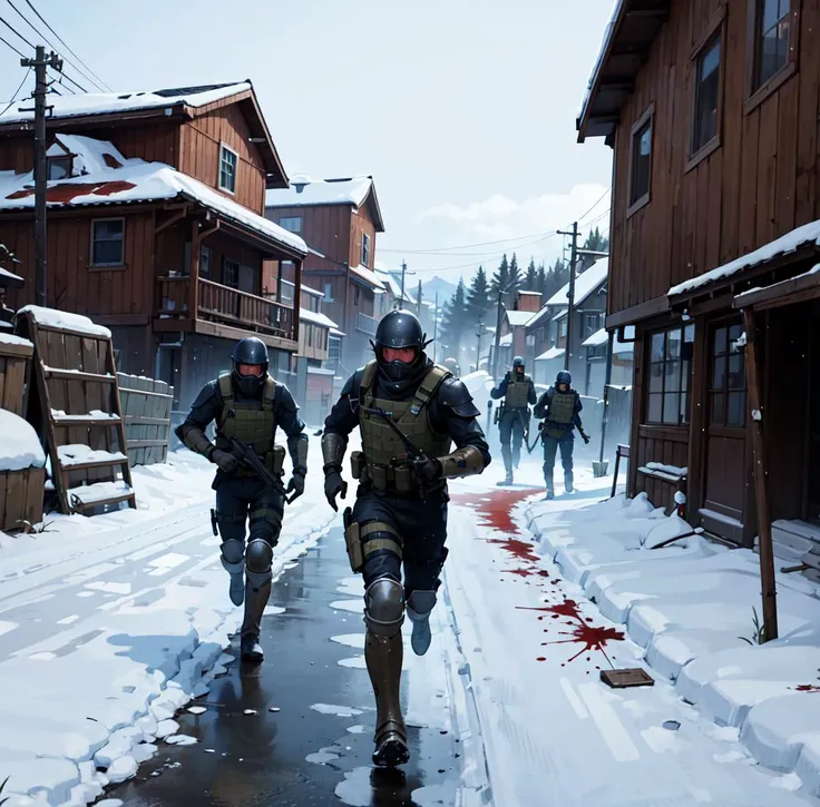 blood in the snow near a broken down cabin, dystopian, post apocalyptic, horror, sad, scenery, tactical team runing towards a cabin with guns, running men in riot gear armor, landscape