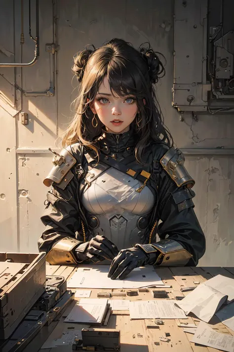 (1girl:1.3), looking at viewer, (exoskeleton suit, Maven, Average Height, Toned, Round Face, Olive Skin, Brunette Hair, Blue Eyes, Wide Nose, Full Lips, Receding Chin, Long Hair, Straight Hair, Wavy Updo, soft breasts, Threader earrings, golden, matte lipstick, Dystopian metropolis),(masterpiece, best quality, detailed shiny skin:1.2), flawless, 8k, RAW, highres,absurdres,