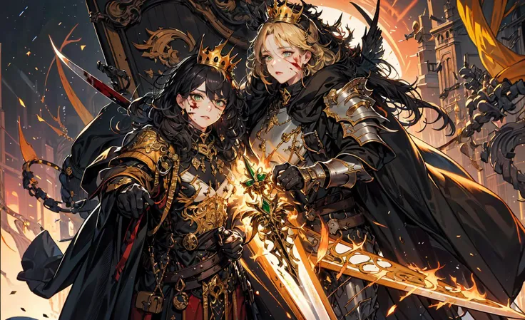 (masterpiece:1.2, best quality:1.1),8K,intricate details,HD,best illustration,wall-paper,intricate details,8K Hd wallpaper:1.6
1girl,12yo,Golden pupil,((Golden eye)),Golden iris,shine:1.6
Swords and shields, griffins, wings, banners, streamers, emeralds, crowns,The sheen, the detail, the sparks, the ink, the castle, the fire, the sunset,Crusader armor
Metallics, streamers, blood on his face,Chest exposed, broken armor,industrial, dieselpunk, Carved armor:1.4, scratches:1.2, battle damage, wounds
<lora:animeTarotCardArtStyleLora_v31:0.6>