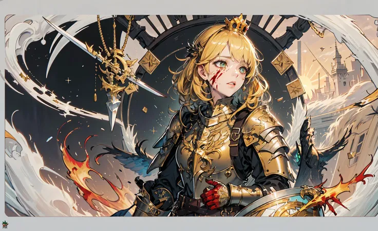 (masterpiece:1.2, best quality:1.1),8K,intricate details,HD,best illustration,wall-paper,intricate details,8K Hd wallpaper:1.6
1girl,12yo,Golden pupil,((Golden eye)),Golden iris,shine:1.6
Swords and shields, griffins, wings, banners, streamers, emeralds, crowns,The sheen, the detail, the sparks, the ink, the castle, the fire, the sunset,Crusader armor
Metallics, streamers, blood on his face,Chest exposed, broken armor,industrial, dieselpunk, Carved armor:1.4, scratches:1.2, battle damage, wounds
 <lora:animeTarotCardArtStyleLora_v31:0.6>