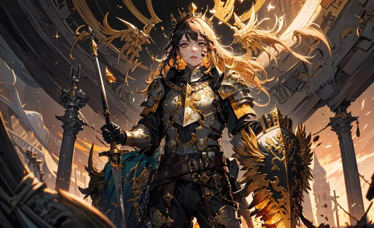 (masterpiece:1.2, best quality:1.1),8K,intricate details,HD,best illustration,wall-paper,intricate details,8K Hd wallpaper:1.6
1girl,****,Golden pupil,((Golden eye)),Golden iris,shine:1.6
Swords and shields, griffins, wings, banners, streamers, emeralds, crowns,The sheen, the detail, the sparks, the ink, the castle, the fire, the sunset,Crusader armor
Metallics, streamers, blood on his face,Chest exposed, broken armor,industrial, dieselpunk, Carved armor:1.4, scratches:1.2, battle damage, wounds
 <lora:animeTarotCardArtStyleLora_v31:0.6>