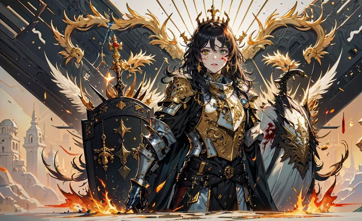 (masterpiece:1.2, best quality:1.1),8K,intricate details,HD,best illustration,wall-paper,intricate details,8K Hd wallpaper:1.6
1girl,12yo,Golden pupil,((Golden eye)),Golden iris,shine:1.6
Swords and shields, griffins, wings, banners, streamers, emeralds, crowns,The sheen, the detail, the sparks, the ink, the castle, the fire, the sunset,Crusader armor
Metallics, streamers, blood on his face,Chest exposed, broken armor,industrial, dieselpunk, Carved armor:1.4, scratches:1.2, battle damage, wounds
<lora:animeTarotCardArtStyleLora_v31:0.6>
