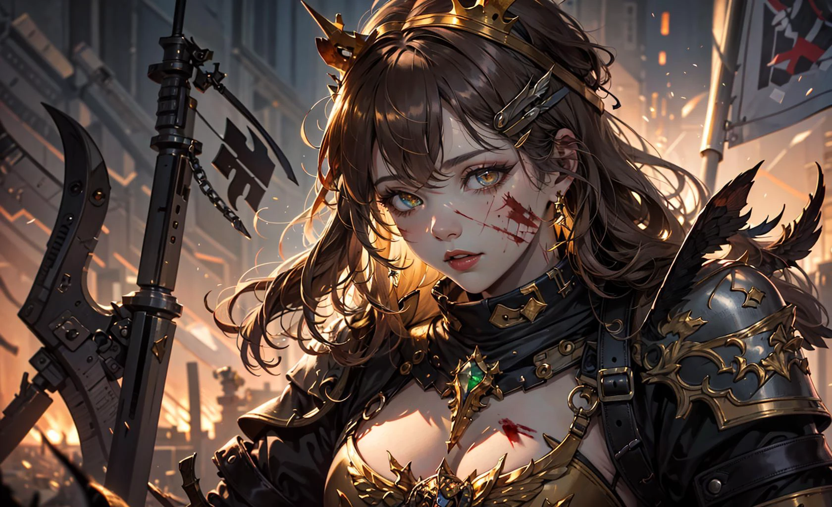 (masterpiece:1.2, best quality:1.1),8K,intricate details,HD,best illustration,wall-paper,intricate details,8K Hd wallpaper:1.6
1girl,12yo,Golden pupil,((Golden eye)),Golden iris,shine:1.6
Swords and shields, griffins, wings, banners, streamers, emeralds, crowns,The sheen, the detail, the sparks, the ink, the castle, the fire, the sunset,Crusader armor
Metallics, streamers, blood on his face,Chest exposed, broken armor,industrial, dieselpunk, Carved armor:1.4, scratches:1.2, battle damage, wounds