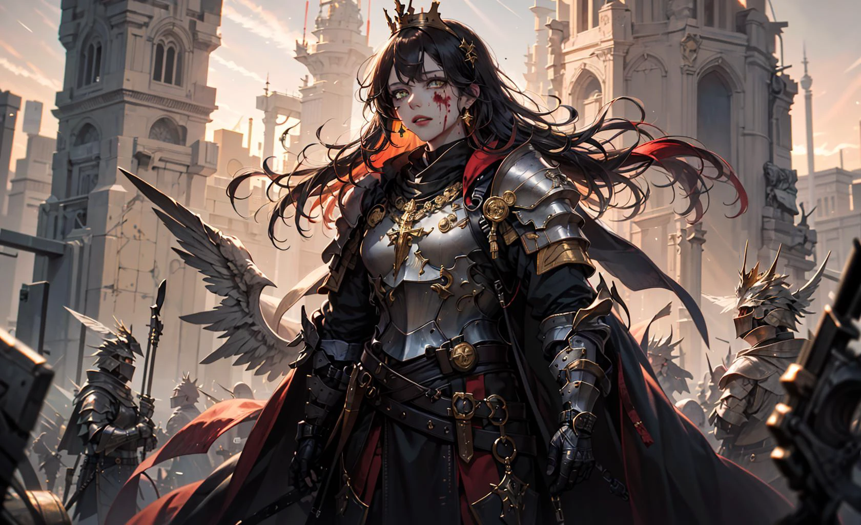 (masterpiece:1.2, best quality:1.1),8K,intricate details,HD,best illustration,wall-paper,intricate details,8K Hd wallpaper:1.6
1girl,12yo,Golden pupil,((Golden eye)),Golden iris,shine:1.6
Swords and shields, griffins, wings, banners, streamers, emeralds, crowns,The sheen, the detail, the sparks, the ink, the castle, the fire, the sunset,Crusader armor
Metallics, streamers, blood on his face,Chest exposed, broken armor,industrial, dieselpunk, Carved armor:1.4, scratches:1.2, battle damage, wounds