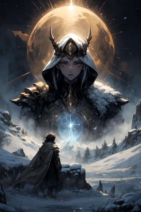 best quality,masterpiece,4K,Lofty snow peaks pierce the yellow waste,a celestial dome glimmers with enigmatic light,beneath,a white-robed general spears into unseen dark mists.,<lora:add_detail:0.7>,