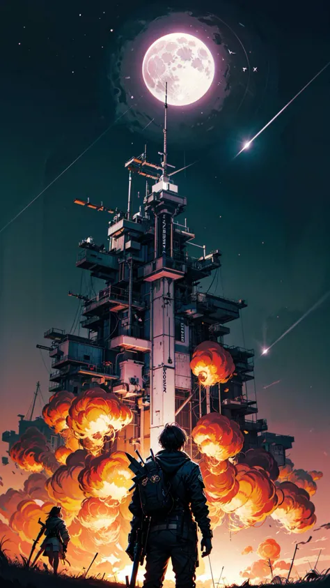 ((best quality, masterpiece, absurbres)), amazing landscape, detailed scenery, aesthetic background, starry sky, shooting stars, big moon, night sky, colorful lighting, cinematic lighting, neon light glowing, gradient Purple green sky, depth of field