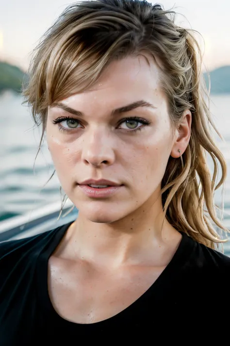 RAW, real photo portrait, millaJov1, on a boat, (wearing a wet black t-shirt), pretty face, insanely detailed eyes, light blonde hair, high ponytail, bokeh, natural light, depth of field, golden hour, sharp focus