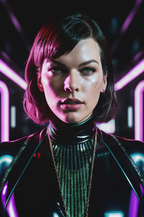 millaJov1 in cyber neon lighting, futurism, intricate futuristic jewelry accessories, cyberpunk glossy white latex turtleneck, hyper photorealistic, crispy quality, digital photography, trending in artstation, trending in pinterest, cinematic, 4 k ultra hd, art by pascal blanche, art by greg rutkowski