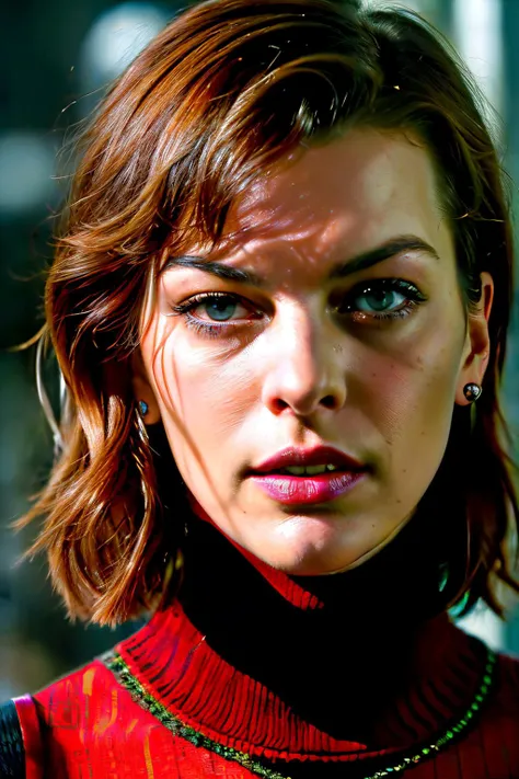 A stunning intricate full color up close portrait of millaJov1 , wearing a white and red turtleneck, epic character composition, by ilya kuvshinov, alessio albi, nina masic, sharp focus, natural lighting, subsurface scattering, f2, 35mm