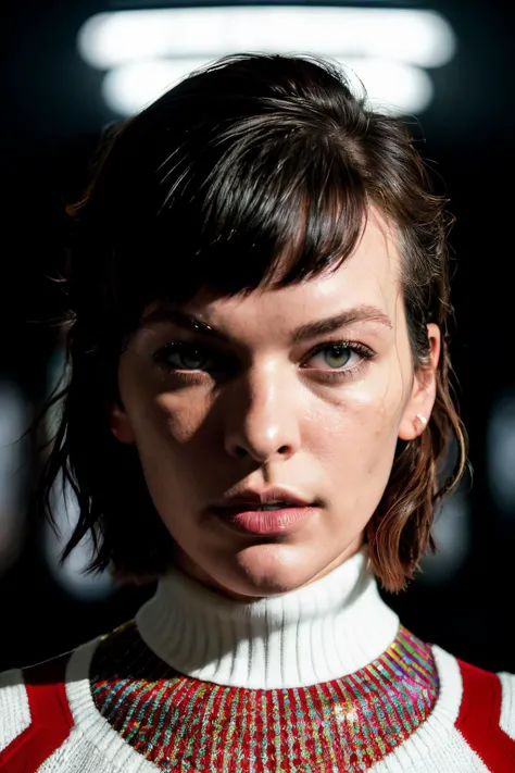 A stunning intricate full color portrait of millaJov1 , wearing a white and red turtleneck, epic character composition, by ilya kuvshinov, alessio albi, nina masic, sharp focus, natural lighting, subsurface scattering, f2, 35mm
