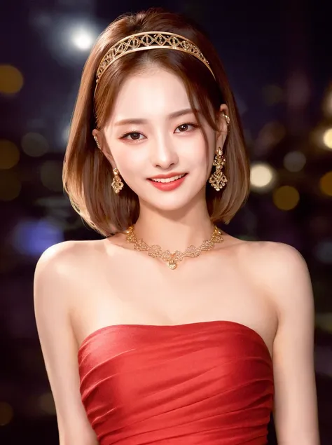 <lora:fromis9Nagyung_fromis9NagyungV1:1>, a fromisnagyung, perfect eyes, (ultra realistic:1.5), (intricate:1.2), (looking at camera:1.2), (best quality:1.2), blonde short hair, red headband, tongue out, blonde hair, shoulder length hair, red dress, small breasts, 1girl, solo, alone, red background, night gown, cocktail dress, shiny dress, gold earrings, laughing, standing, night city, outside, city lights, (close-up photo:1.4),