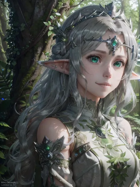 masterpiece, best quality, DSLR, 8K, octane render, insanely detailed, realistic, FreyjaALO, shy smile, long detailed blonde hair, insanely detailed green eyes, pretty face, perfect face, ornate white dress, intricate silver circlet crown, dense forest, lush greenery, RayTrace, light rays, <lora:SAO-V3RS:1.2>, <lora:hipoly3DModelLora_v10:0.4>