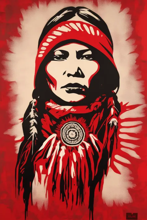 <lora:Shepard Fairey Style:1>Shepard Fairey Style - Mmiw woman portrait with red hand paint across the mouth in the style of a stencil with red and white tones