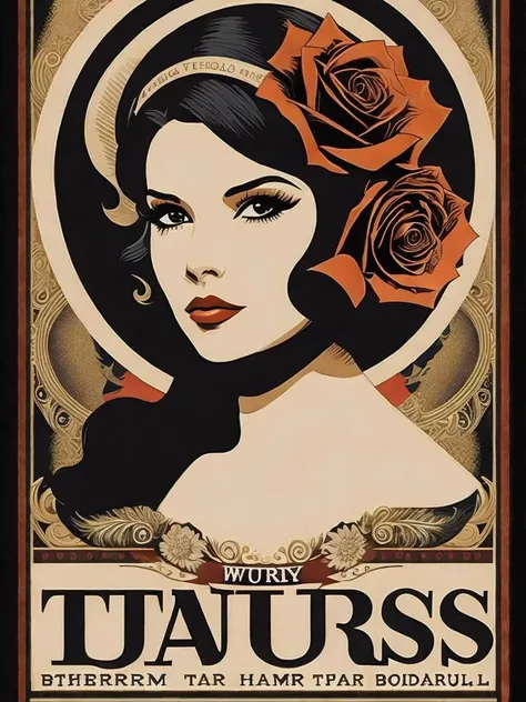 <lora:ShepardFairey:1>a poster of a woman with horns and roses on her head with the words,'taurus ' by Shepard Fairey