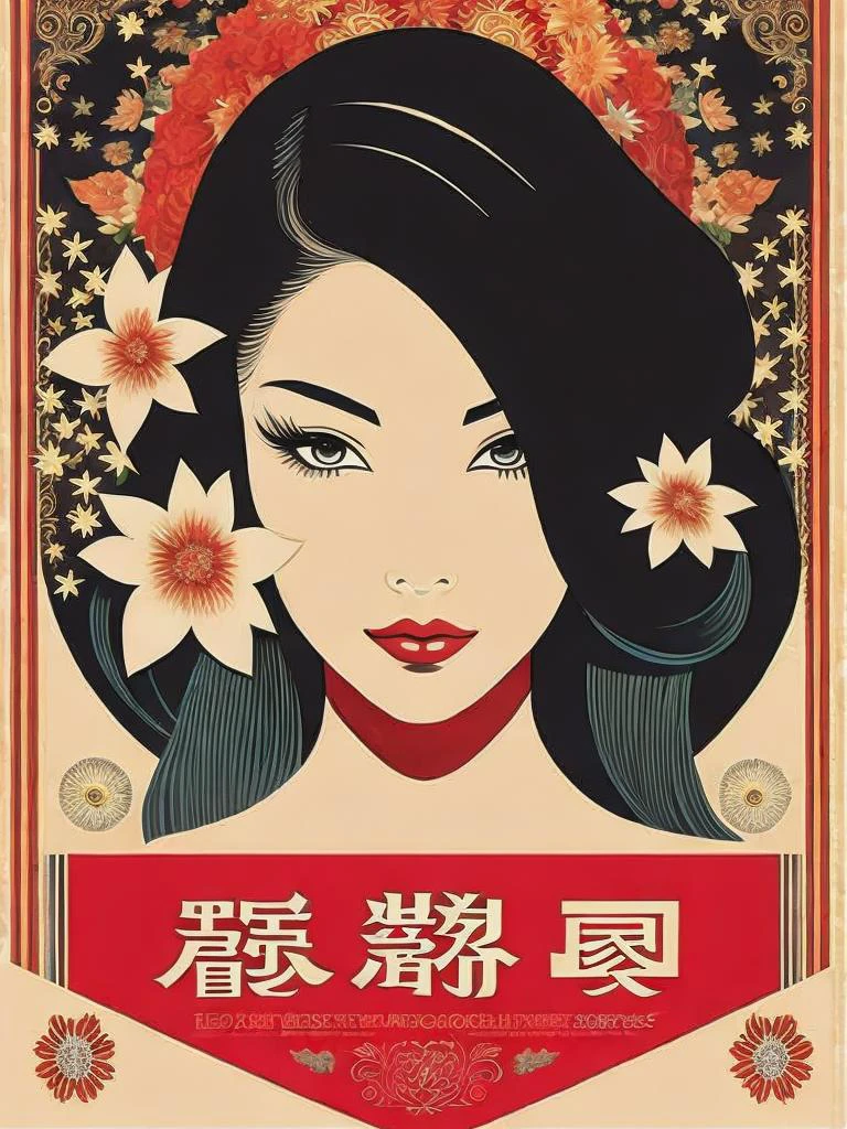 <lora:ShepardFairey:1>a poster of a woman with long hair and flowers in her hair, in an oriental style by Shepard Fairey
