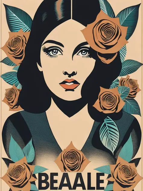 <lora:ShepardFairey:1>a poster of a woman's face with roses around her eyes and the words bearale on it by Shepard Fairey