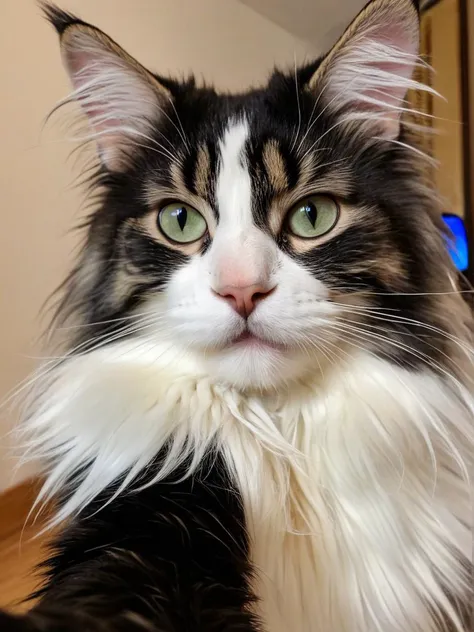 selfie shot angle of a Norwegian Forest Cat, arcane, <lora:80s_punk_clothing:1> 80s punk clothing