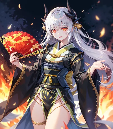 (masterpiece, best quality, high resolution),
Berserker3, black kimono, 1girl, solo, long hair, hand fan, horns, japanese clothes, kimono, fire, smile, looking at viewer, holding, holding fan, white hair, wide sleeves, very long hair, embers, dragon horns, sash, folding fan, long sleeves, hair ornament, obi, cowboy shot, bangs
<lora:FGOkiyohime9in1-000014:0.9>,
