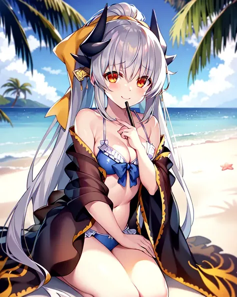 (masterpiece, best quality, high resolution),
Lancer3, blue bikini, 1girl, solo, breasts, polearm, weapon, beach, outdoors, looking at viewer, sitting, spear, seiza, smile, day, medium breasts, japanese clothes, ball, very long hair, basket, blush, palm tree, naginata, holding, ocean,
<lora:FGOkiyohime9in1:0.9>,