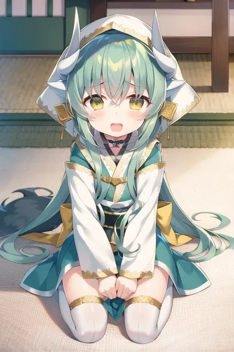 FaithfulDog, puppy Kiyohime, 1girl, solo, seiza, blush, sitting, open mouth, tail wagging, looking at viewer, indoor, my room, <lora:kiyohime9in1FateGrandOrder_v11:0.8>