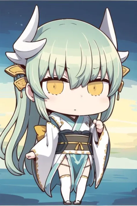 Berserker2, Kiyohime kimono 2, 1girl, solo, detailed background, cowboy shot, flower, <lora:kiyohime9in1FateGrandOrder_v11:0.75>,  <lora:fgoAprilFoolStyle_v2:0.9>, full body, chibi,