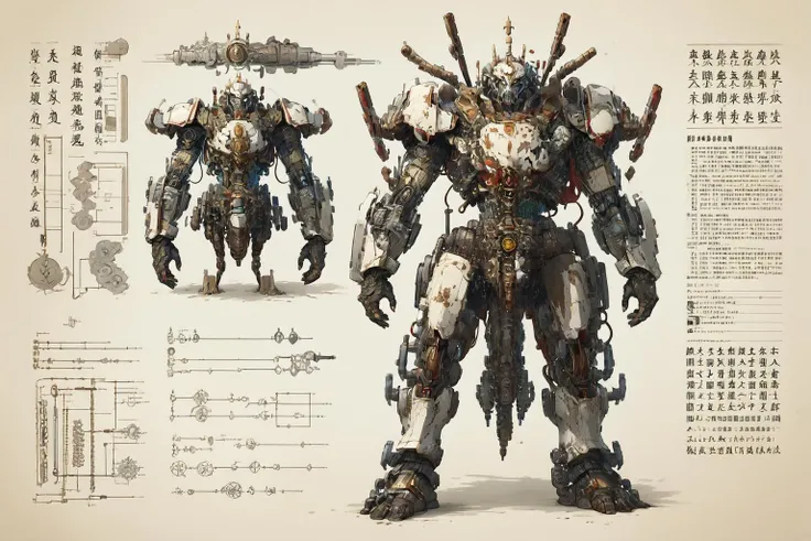 best quality, master piece, 1 mecha ,  strong, red chinese armor,   engineering mapï¼ text, swordï¼gun, weapon, <lora:QMDJ:0.8>