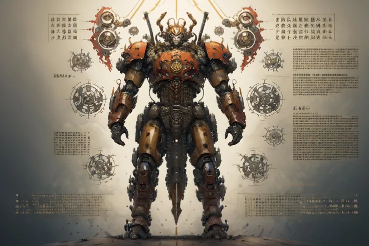best quality, master piece, 1 mecha ,  strong, red chinese armor,   engineering mapï¼ text, swordï¼gun, weapon, <lora:QMDJ:0.8>