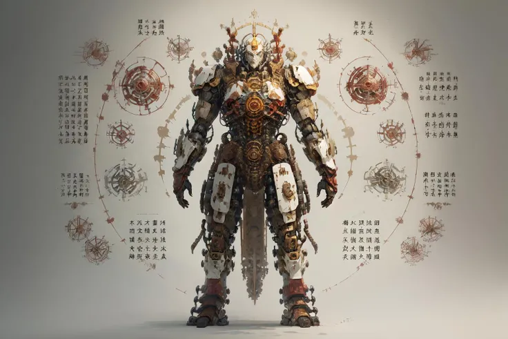 best quality, master piece, 1 mecha , strong, red chinese armor, engineering mapï¼ text, swordï¼gun, weapon, <lora:QMDJ:0.8>