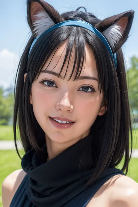 masterpiece, best quality, ultra high res, (photorealistic:1.8), unreal_engine, photograph, realistic_skin_texture, <lora:SkeletonKnight_Girlpack_v1-000005:0.25>, chiyome, anime, 1girl, solo, smile, blue_eyes, black_hair, animal_ears, closed_mouth, upper_body, outdoors, sky, day, cloud, scarf, armor, blue_sky, animal_ear_fluff, headband, parody, red_scarf, <lyco:SwampEscapeAA:1>