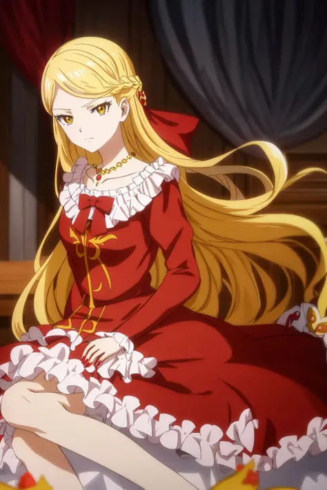 yuriarna, anime, 1girl, solo, long_hair, looking_at_viewer, blonde_hair, hair_ornament, dress, bow, jewelry, yellow_eyes, upper_body, braid, frills, necklace, red_bow, red_dress, anime_coloring