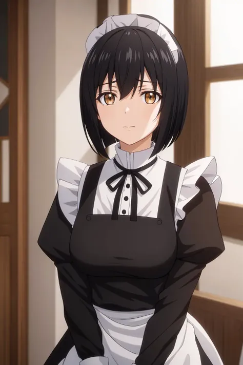 ferna, anime, 1girl, solo, short_hair, bangs, black_hair, long_sleeves, dress, ribbon, hair_between_eyes, brown_eyes, sitting, closed_mouth, upper_body, puffy_sleeves, apron, black_dress, maid, black_ribbon, neck_ribbon, bob_cut, curtains, juliet_sleeves