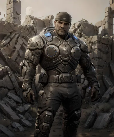 marcus_fenix, standing, muscular, armor, looking at viewer, ruins, daytime, sunny, black bandana, old <lora:Marcus_Fenix:0.85>