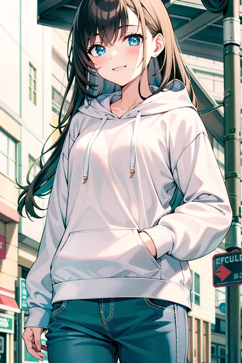 1girl, solo, cowboy shot, long hair, downtown, hooded sweatshirt, smile,