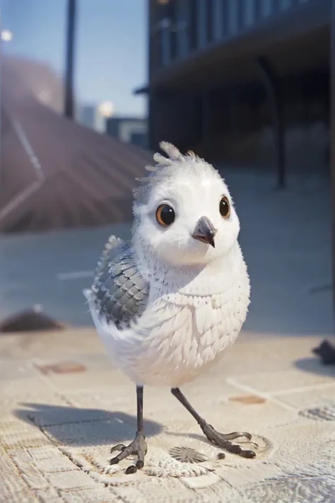 photorealistic, analog, raw, <lora:Piper_v1:1> piper bird, animal, city street,