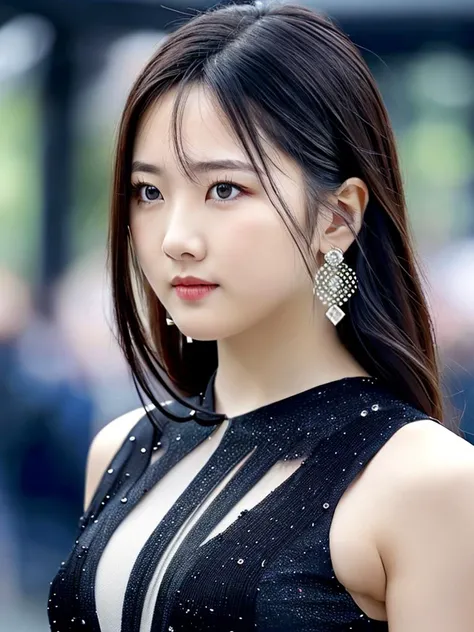 (RAW photo,best quality,realistic,photo-realistic:1.4),extremely detailed,8k wallpaper,Amazing,ultra-detailed,highres, 1girl, looking at viewer, black hair, jewelry, upper body, earrings, blurry, black eyes, lips, gorgeous dress, kooo123 <lora:HONDAMIU_002:0.8>