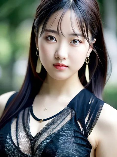 (RAW photo,best quality,realistic,photo-realistic:1.4),extremely detailed,8k wallpaper,Amazing,ultra-detailed,highres, 1girl, looking at viewer, black hair, jewelry, upper body, earrings, blurry, black eyes, lips, tank-top, kooo123 <lora:HONDAMIU_002:0.8>