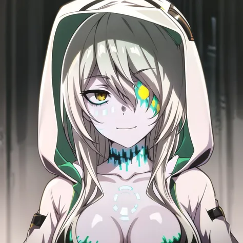 loki_tpa, digital eyepatch, hood up, digital outfit, hooded coat, upper body, smile, digital choker, highly detailed, absurdres, masterpiece, <lora:Loki Kangaxx:0.9>