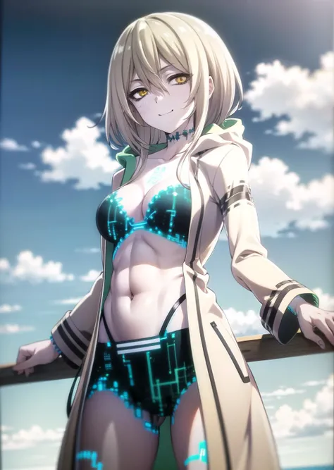 loki_tpa, digital outfit, hooded coat, smile, digital choker, contrapposto, looking at viewer, outdoors, global Illumination, horizon, highly detailed, absurdres, masterpiece, <lora:Loki Kangaxx:0.9>