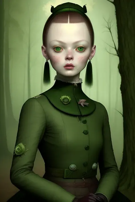 <lora:RayCaesar01:1>,Ray Caesar Style, a woman, riding outfit, green eys, forest, portrait