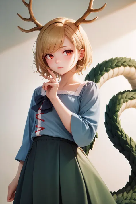 (masterpiece, best quality:1.2), <lyco:touhou_kicchou-17:1.0>, cowboy shot, solo, 1girl, kicchou yachie, dragon girl, expressionless, closed mouth, looking at viewer, hand on own face, antlers, blue shirt, bow, long sleeves, green skirt, turtle shell, dragon tail