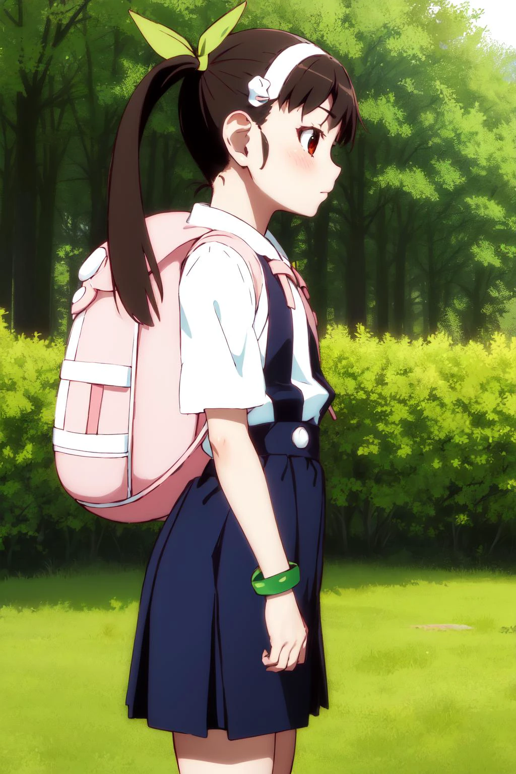 masterpiece, best quality, highres, detailed,
1girl, solo, looking at viewer,
hachikuji01, long hair, brown hair, red eyes, flat chest, twintails, hair ribbon, white hairband,
skirt, shirt, ribbon, green bracelet, school uniform, white shirt, short sleeves, blue skirt, suspenders, suspender skirt, star \(symbol\), bag, backpack, pink backpack,
shy, blush,
hands on hips,
profile,
garden, flowers, trees,
<lora:hachikuji-mayoi-v1:1>