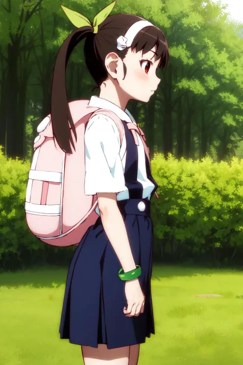 masterpiece, best quality, highres, detailed,
1girl, solo,  looking at viewer, 
hachikuji01, long hair, brown hair, red eyes, flat chest, twintails, hair ribbon, white hairband, 
skirt, shirt, ribbon, green bracelet,  school uniform, white shirt, short sleeves, blue skirt, suspenders, suspender skirt, star \(symbol\), bag, backpack, pink backpack,
shy, blush,
hands on hips,
profile,
garden, flowers, trees,
<lora:hachikuji-mayoi-v1:1>